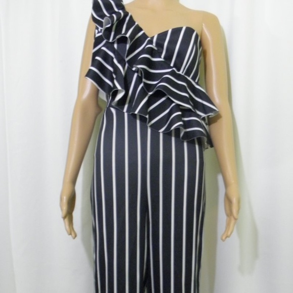 Striped One Shoulder Ruffle Frill Jumpsuit - Picture 2 of 8